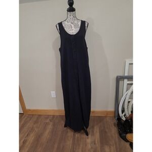 Eddie Bauer Women SZ M BLACK textured cotton knit midi dress pockets button frt.